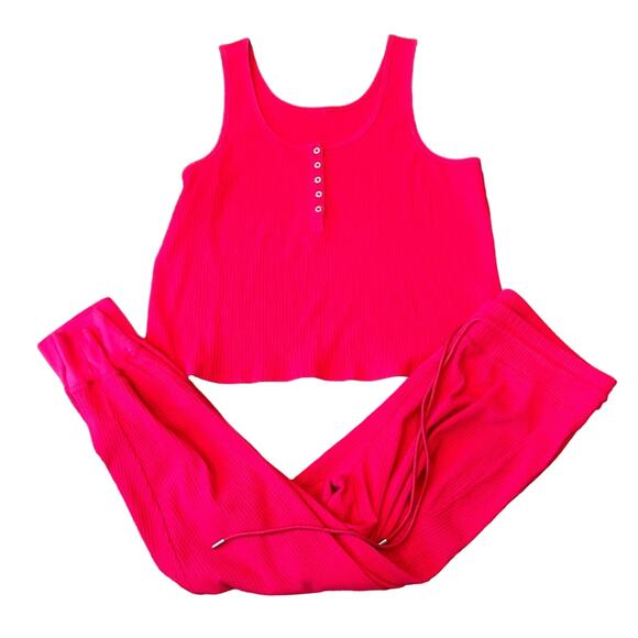 NWOT Anthropologie Daily Practice Henley 2 Piece Lounge Set Hot Pink Size 1X - Picture 3 of 15